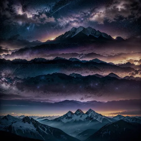 Mountains with mountains，Romantic starry sky，Surreal style，watercolor painting form，light purple and light amber and light teal，four-way cycle