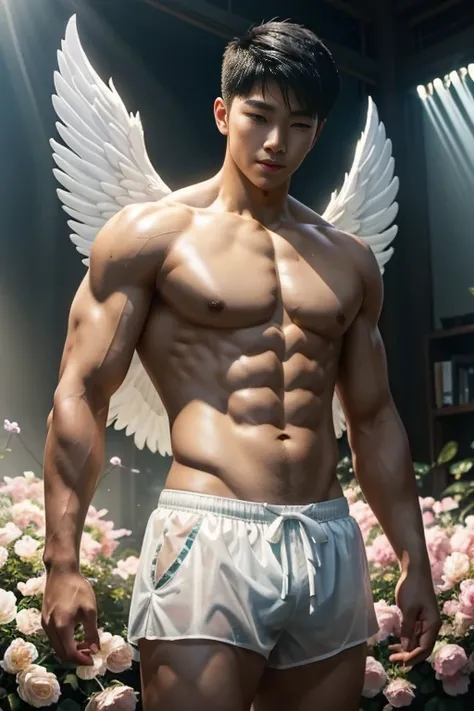 Beautiful angel surrounded by flowers，Asian male celebrity，Physical Education Student，cool guy，chest muscle，Immortal appearance，brush cut，Naked，massive angel wings，Tulle shorts，golden rays of sunlight，Mysterious light，A shallow laugh