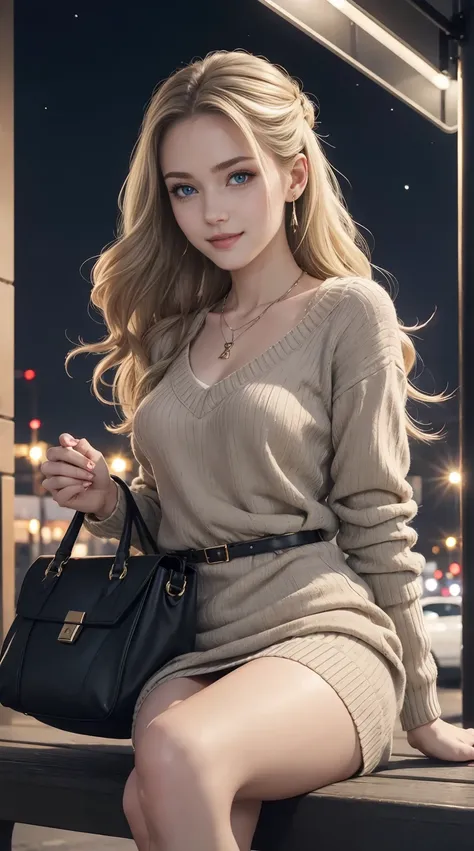 25-year-old Caucasian woman、ash blonde、blue eyess、Semi-long、setting hair、Hair is up、My hair is wavy、Slender but thin macho、accessories on the wrist、wearing a chain necklace、Beautiful breasts、a smile、Wearing a sweater dress、Holding a handbag in his hand、I&#...