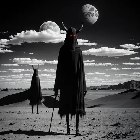 Gigantic  pitch black krampus like monster creature in far far distance in a desert extremely high standing higher than the clouds, 10 times higher than its width and hight, small red eyes and long slender bone limbs thin and extremely long, 1970s existent...