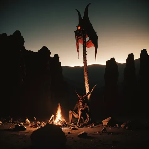 Gigantic  pitch black krampus like monster creature sitting by campfire in under dark black cliff in desert, small red eyes and long slender bone limbs thin and extremely long, 1970s existential dread Stanley kubrik style 2001 a space Odyssey Esq grainy re...