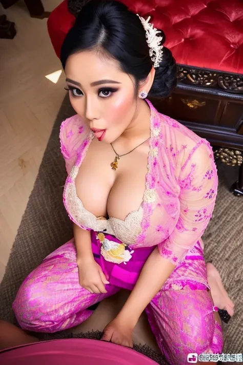 beautiful chubby balinese woman with traditional kebaya, kneel in front of a man crotch with (penis) erect, sucking his (penis), oral (sex), blowjob, pov view, voluptuous woman, busty, curvy, cleavage, huge round breasts, curly bun hair, pale skin, sweaty,...