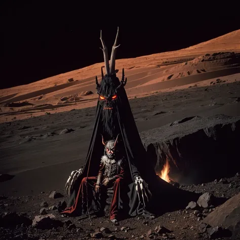 Gigantic  pitch black krampus like monster creature sitting by campfire under dark black cliff in desert, small red eyes and long slender bone limbs thin and extremely long, 1970s existential dread Stanley kubrik style 2001 a space Odyssey Esq grainy retro...