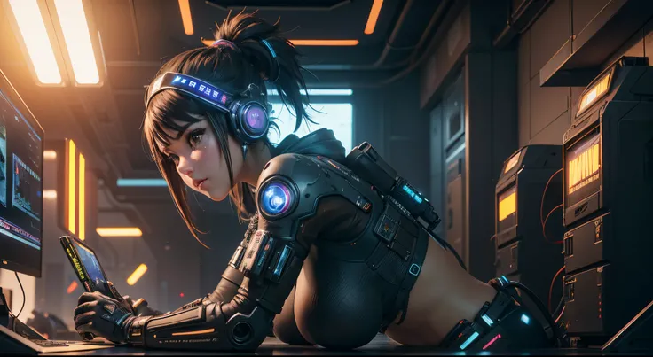 ((Best Quality)), ((Masterpiece)), (Very Detailed:1.3), 3D, Beautiful (Cyberpunk:1.3) Female hacker, Mohican hairstyle, kneeling on the ground, thick hair, operating computer terminals, head-mounted displays, computer servers, LCD screens, fiber optic cabl...