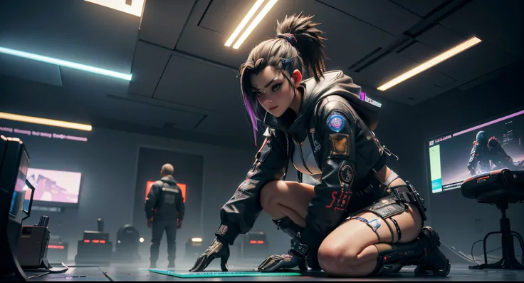 ((Best Quality)), ((Masterpiece)), (Very Detailed:1.3), 3D, Beautiful (Cyberpunk:1.3) Female hacker, Mohican hairstyle, kneeling on the ground, thick hair, operating computer terminals, head-mounted displays, computer servers, LCD screens, fiber optic cabl...