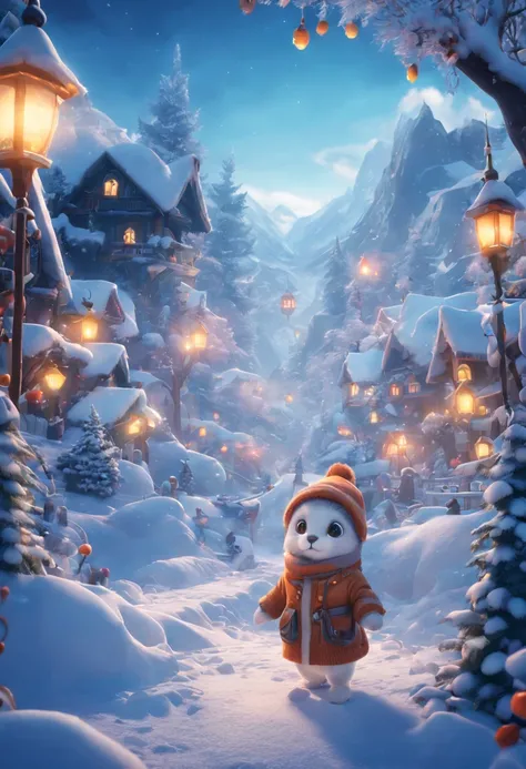 (Winter wonderland)、Atmospheric Oliva Lighting、kirakira,4K UHD、Great composition with great detail and vibrant colors、rendering octane、foco nítido、high-resolutionisometric,​masterpiece,(magical lights),,Magic effect anthropomorphic animals are walking:Wint...