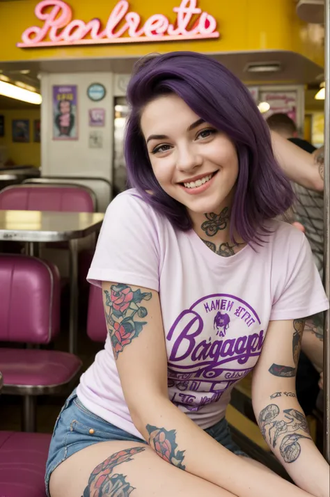 street photography photo of a young woman with purple hair, smile, happy, cute t-shirt, tattoos on her arms, sitting in a 50s diner