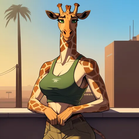 Very_Tall_Lanky_mature_giraffe female khaki_furry_body faded_green_eyes tank_top solo giraffe_snout Masterpiece best_quality absurdres highly_detailed cleanly_drawn_eyes anthro_only by_claweddrip, by_greasymojo, by_underscore-b, by_runawaystride