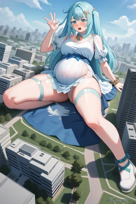 Giant maiden，Moe two-dimensional style，Pregnancy status，Round belly，Gaze at the bustling city, Lying down, Burp, Burping, Loud burp, Really loud burp, Growling belly, Maid, Embarrassed, Full body