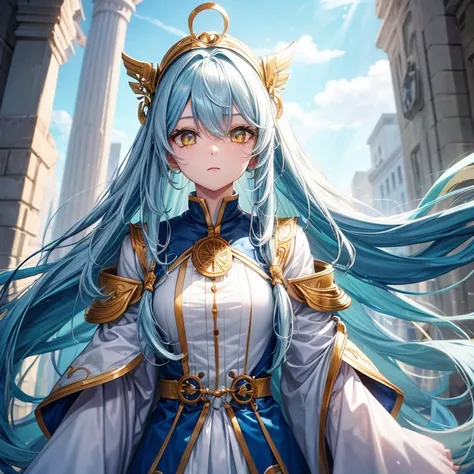 Long hair, light blue hair, yellow eyes, revealing outfit