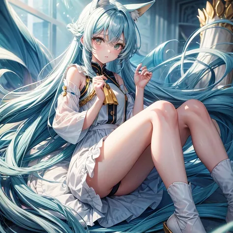 Long hair, light blue hair, yellow eyes, revealing outfit