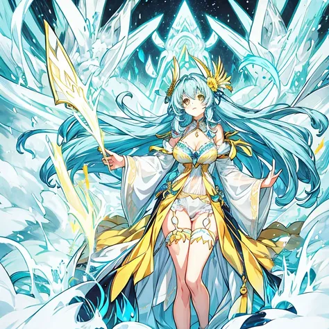 Long hair, light blue hair, yellow eyes, revealing outfit, lingerie, looks like Rimuru tempest