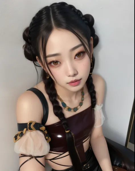 Araffe Asian woman with braids and leather gloves sitting on a chair, jennie blackpink, com rabo-de-porco preto, penteado pigtails, Kimi Takemura, Jaeyeon Nam, Ulzzang, Shikami, Directed by: Ayami Kojima, Chiho, Estilo de Junji Ito, Kotegawa Yui, dilraba d...