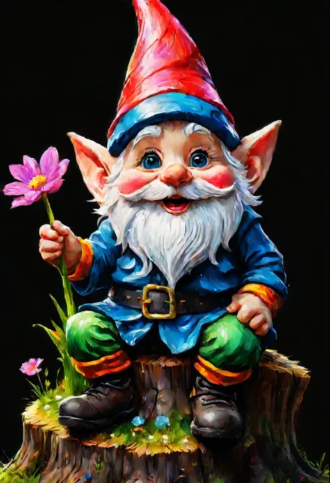 close-up, Very realistic cheerful gnome sitting on a stump, Bright spring charm, bright splashes, Perfect big eyes, Rim lighting, magical fantasy digital art, brightness of color. Black background,
Styled by Gabriele Delotto, AI mid-journey, Bright saturat...