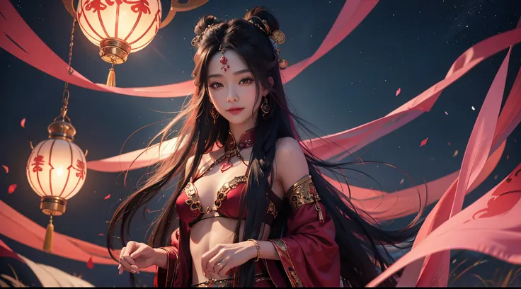 A beautiful fortune teller，mistic，4K, hyper HD, red oriental style，ssmile，Long hair