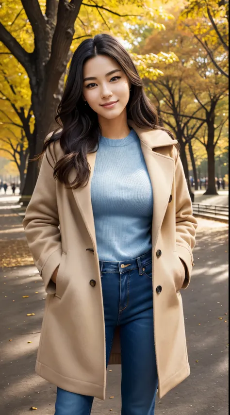 Foto hiperrealista en primer plano de Kim Joo, masterpiece, best quality, (photorealistic:1.4), full body, (beige autumn coat over blue sweater:1.1),  (blue jeans:1.2) heels, in the New York Central Park, sunny day,cinematic light, beautiful woman, skinny,...