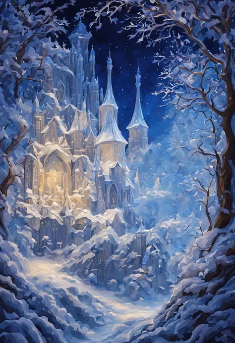 In winter wonderland (There are no charactereautiful  crystal artwork in a winter wonderland with flying snowflakes，Snowflakes are dancing，depth of fieldrings a mysterious and elegant atmosphere, artistic exquisite light tracing, master-class work