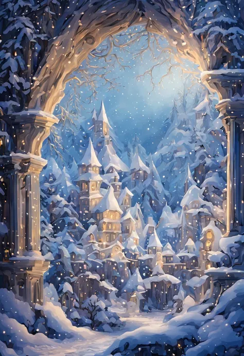 In winter wonderland (There are no charactereautiful  crystal artwork in a winter wonderland with flying snowflakes，Snowflakes are dancing，depth of fieldrings a mysterious and elegant atmosphere, artistic exquisite light tracing, master-class work