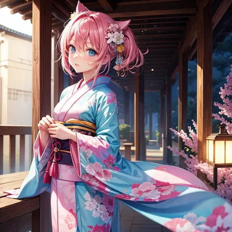 girl with pink hair and light blue eyes、Long、kimono