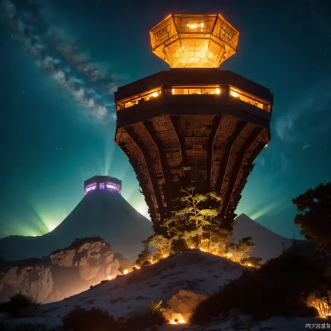 Alien Hexagonal Base (very detailed nipples) In a hexagonal mountain oasis，There are several hexagonal exhaust fans and chimneys, some neon lights projecting from the base，Light up the dark night), There are some clouds in the night sky, Some surrounding p...