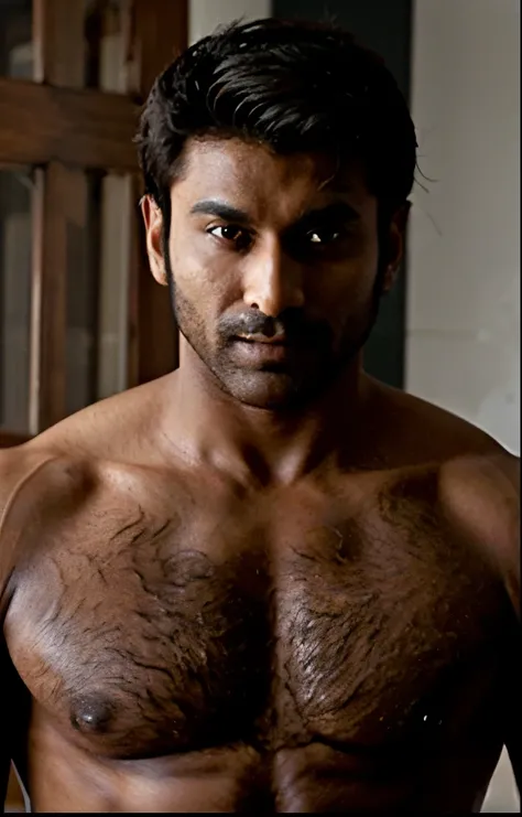 A hunk Indian guy, dark skin, hairy, chest hair, chest, naked, beefcake, large, muscle