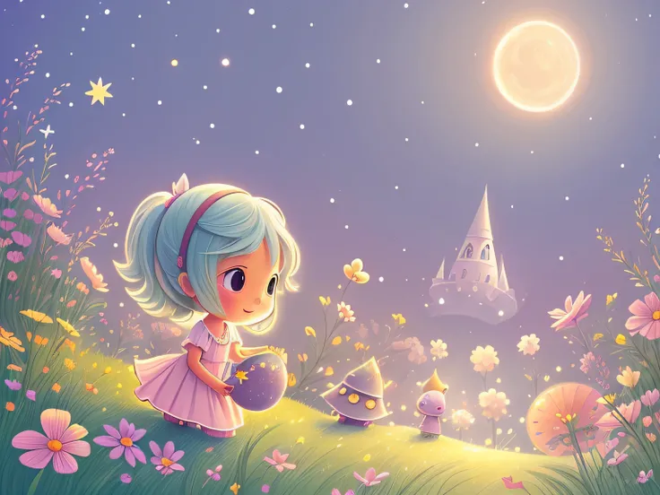 very cute illustration for a childrens picture book， Dreamy, the little star child, discovered a magical garden.，Muted or Subdued Illustration Styles， Digital Painting， by Pixar style