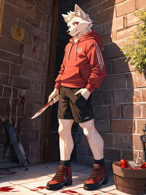 furry,bara,Shota,white fur wolf,Crimson eyes,Wearing a pink hoodie..,black shorts,fashion shoes,Standing in a bathroom covered in blood stains,He stood and licked the knife that had blood stains on it..,straight-looking at viewer,There are blood stains all...