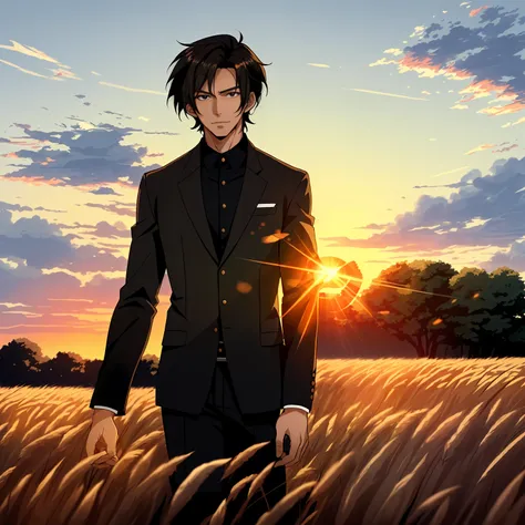 Rye field with sunrise background, anime handsome man，with short black hair，Black eyelackn clothes