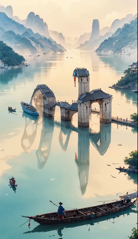 ( (8K:1.27), quality, tmasterpiece, 超高分辨率:1.2) ，Ink painting of ancient buildings on the island，the tower、that tree, Yang Jie&#39;s meticulous paintings, pixiv, Modern European ink painting, chinese watercolor style, highly detailed water colour 8 k, High ...