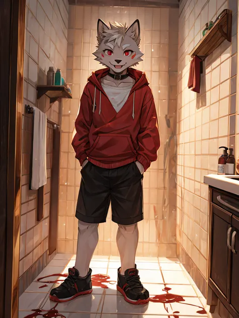 furry,bara,Shota,white fur wolf,Crimson eyes,Wearing a pink hoodie..,black shorts,fashion shoes,Standing in a bathroom covered in blood stains,He stood and licked the knife that had blood stains on it..,straight-looking at viewer,There are blood stains all...