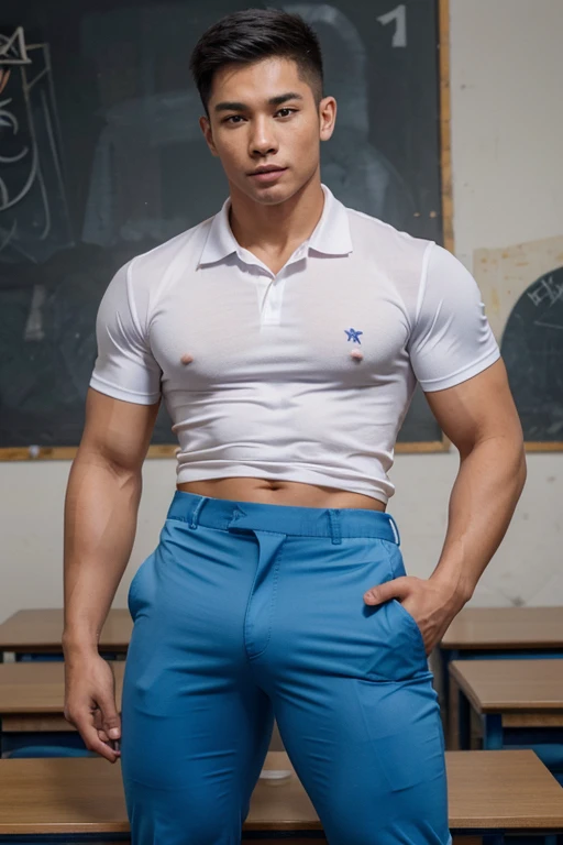 1 male student, handsome, sexy, muscular, blue school pants, bulging crotch, horny, Thai male school uniform, high resolution