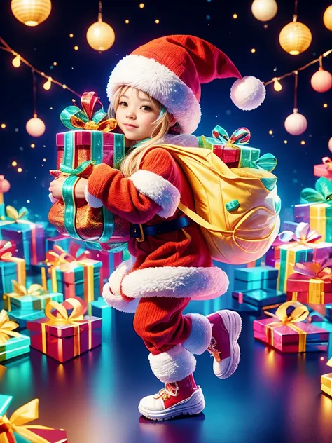 christmas, a cute and beautiful chinese girl wearing a glowing traditional santa claus costume, carrying a transparent glowing b...