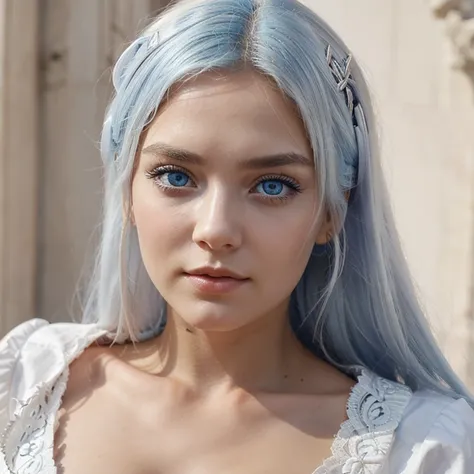 Change her Face and hair with artemis the greek goddes deep blue eyes white hair