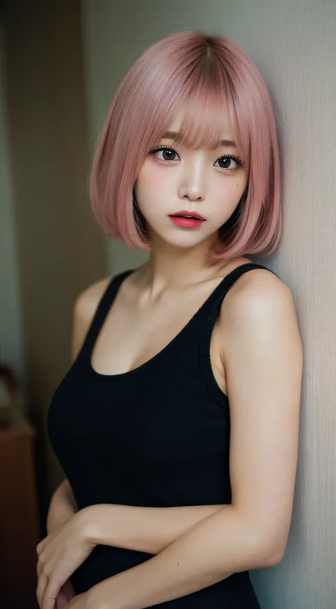 masutepiece, Best Quality, Illustration, Ultra-detailed, finely detail, hight resolution, in 8K,Wallpaper, Perfect dynamic composition, Beautiful detailed eyes, Black tank top,Short bob hair、Pink hair color,Big Natural Color Lip, Bold sexy poses,is crying、...