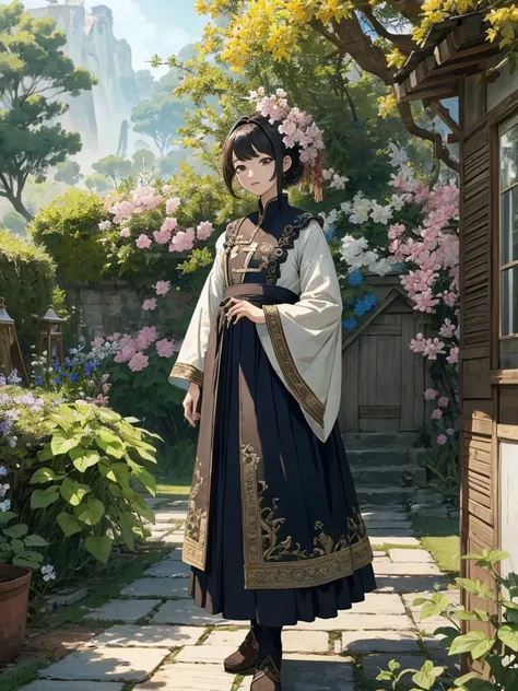 top-quality、4k wallpaper、​masterpiece、Highly Detailed CG Unity 8K Wallpaper Highly Detailed Eyes、ultra-detailliert、intricate-detail、、1girl in、looking at the viewers、outside of house、garden、background under flowers、