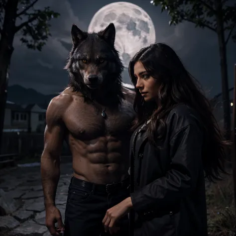 A handsome werewolf with a beautiful girl under the moonlight with thwo grey wolf behind