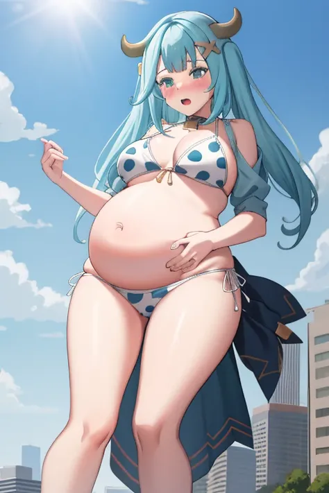 Giant maiden，Moe two-dimensional style，Pregnancy status，Round belly，Gaze at the bustling city, Lying down, Burp, Burping, Loud burp, Really loud burp, Growling belly, Cow printed bikini, Embarrassed, Full body