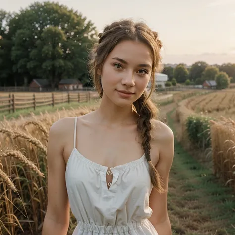 1girl, 20 years old, tall and attractive, wearing a cute country dress, hair braided, standing in a rustic farm setting. She has a soft, gentle smile and expressive eyes. In the background are charming barns, golden wheat fields and clear blue skies. The c...