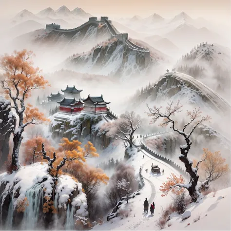 Tradition Chinese Ink Painting,Winter wonderland,The winding Great Wall,Subtle shades of gray and black,Impressive pagodas along the Great Wall,Majestic mountain ranges,snow covered trees,A faint mist envelopes the scene,a peaceful and serene atmosphere,hi...