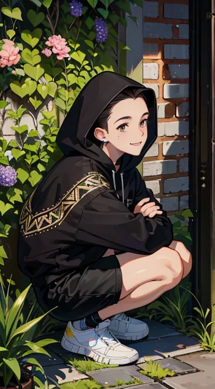 (absurdres, highres, ultra detailed, HDR), masterpiece, best quality, 1boy, solo, handsome, dark brown hair, finely eye and detailed face, forehead, mole under his eye, black oversized hood, (white shorts), sneaker, ear piecing, squatting, plant, flower, b...