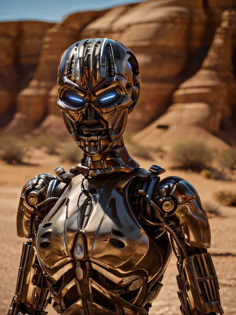 realistic, tx in california desert, noon, clear lighting, sunlight, (tx endoskeleton:1.5), detailed tx endoskeleton, ultrarealis...