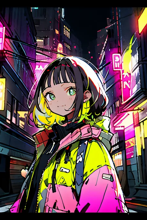 masterpiece, best quality, 1girl, city pop, night, neon light, looking at another, upper body, vector illustration, jacket, ligh...