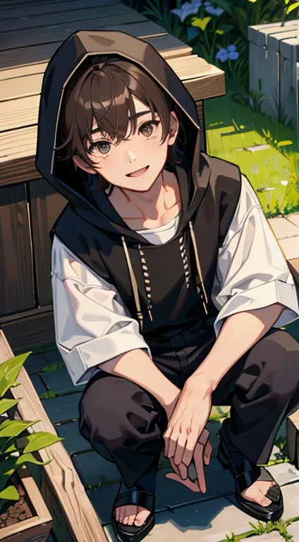 (absurderes、hight resolution、ultra-detailliert、HDR)、​masterpiece、top-quality、1boy、独奏、a handsome、dark brown  hair、finely eye and detailed face、brow、Black oversized hood、(white short pants)、espadrilles、ear piecing、crouching down、a plant、florals、Back alley ba...