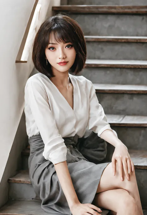 stunningly beautiful witch, 20years old, gorgeous cute face, pale porcelain skin, flirt grin, Straight short bob haircut, sitting on a staircase, Grey suit, whitebackground