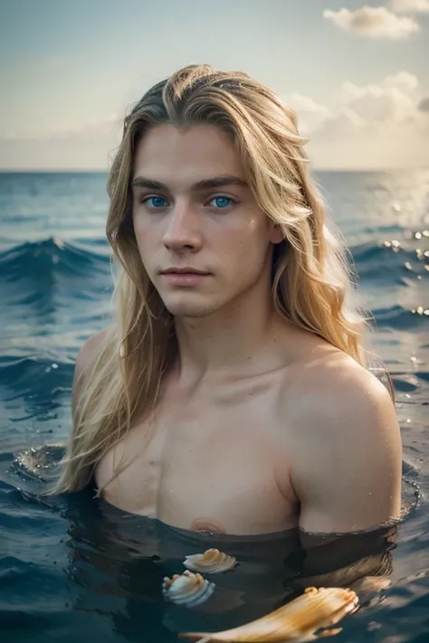 ((best quality)), ((masterpiece)), ( Merman blue eyes, blonde long hair in the ocean with shells top), perfect face