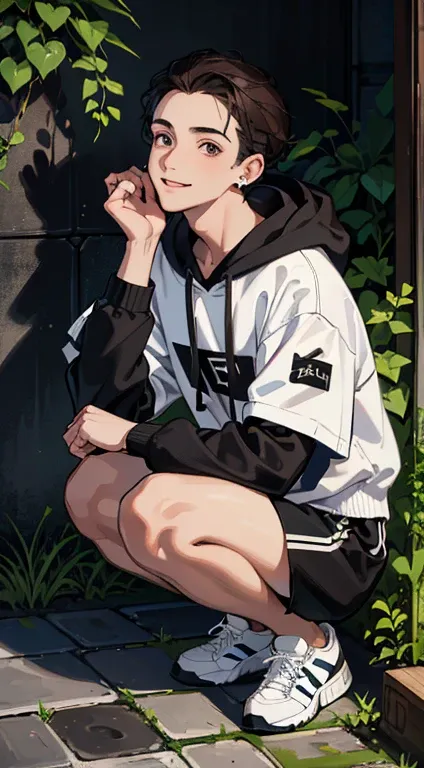 (absurdres, highres, ultra detailed, HDR), masterpiece, best quality, 1boy, solo, handsome, dark brown hair, finely eye and detailed face, forehead, mole under his eye, black oversized hood, (white shorts), sneaker, ear piecing, squatting, plant, flower, b...