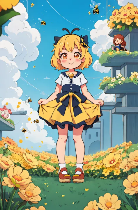 in a skirt，Stood up，Cute bee image anime girl, ssmile，Eye HD details,  loli in dress, Anime cute art style, Anime Stylization, Mirror sound bell, lovely art style, offcial art，Foam matte，blindbox，Studio lights