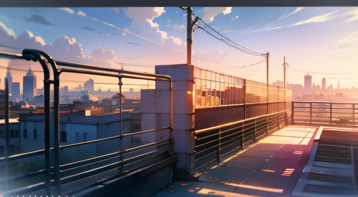 school rooftop, morning light, vibrant colors, soft light, dramatic shadows, dappled lighting, serene atmosphere, calm, empty, anime wallpaper, highly detailed, metal railings, blurry foreground, cinematic shot, railings, view of the city, bench