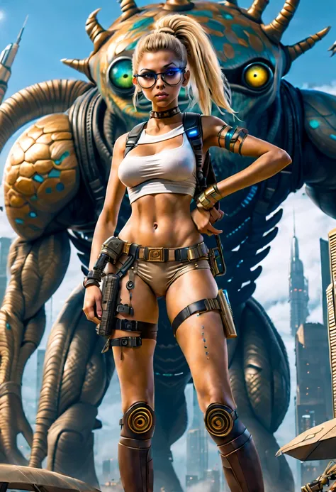 A ruined apocalyptic sci-fi city overgrown with alien plant life and strange alien monsters and animals, a busty beautiful young woman with tan skin and large bright hazel eyes with long lashes and cleopatra eyeliner, with a golden blonde hair, wearing a m...