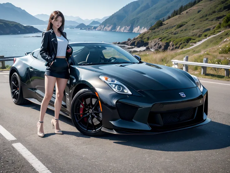 1womanl、Slender woman、sports jacket、Competition between beautiful women and sports cars、超A high resolution、An ultra-high picture quality、8K、Wonderful expression with attention to detail、early summer coastline、A white sports car stopped on a mountain road、n...